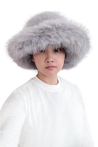 Lina & Lily Oversized Winter Faux Fur Bucket Hat for Women - Long Pile Fur Wide Moldable Brim - color: Light Gray