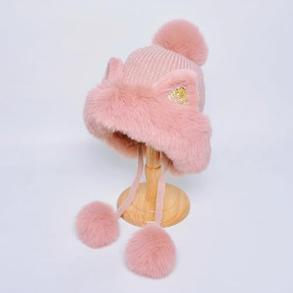 Outdoor Warm Earflap Beanie Hat with Brim Baseball Slouchy Knitted Visor Skull Caps for Women Men Black - color: Pink