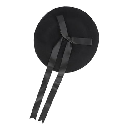 JIAHG Women Girls Sweet Lolita Beret Hat with Detachable Bowknot Painter Hat Woolen French Style Artist Beret Winter Cap - color: Black Beret With Black Bow