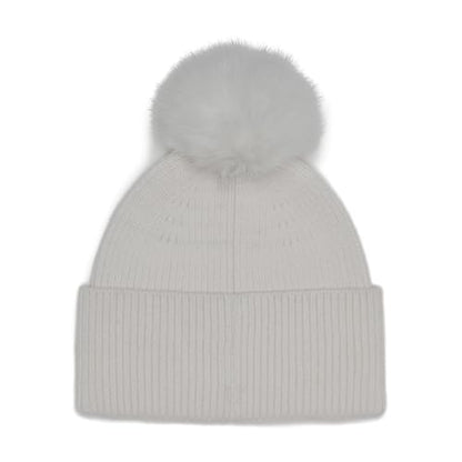 DKNY Women's Studded Logo Knit Beanie with Faux Fur Pom - color: Ivory