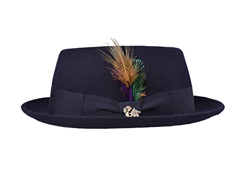 Bigalli Porkpie Stingy Trilby Wool Felt Hat Fedora for Men. Matching Grosgrain Ribbon - color: Navy, size: X-Large