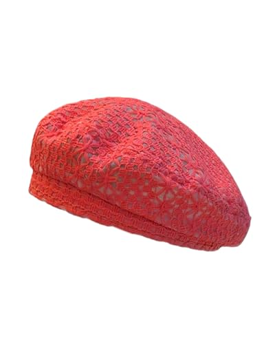 Women Lightweight Beret Floral Hollow Out Hat Breathable French Beret Beanie Hat Cap for Spring Summer - color: Fuchsia Lace 1#
