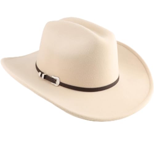 AQOKKA Western Cowboy Hats for Women Classic Felt Wide Brim Fedora Hat with Belt Buckle Retro Panama Hat Unisex Rolled up Cap - color: 1 Pc Fedora Hat a : Beige a