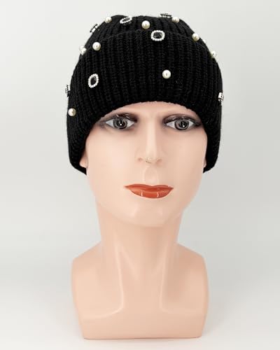 Elegant Ribbed Knitted Pearl Hat Winter Cozy Cuffed Rhinestone Beanie for Daily - color: Beige