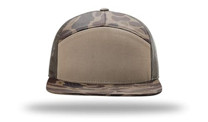 Richardson 168 168P Hat 7-Panel Trucker Cap Hi-Pro Snapback Cap Camo Hat Adjustable Baseball Hat Blank Hat Bulk Hats - color: Bark Duck Camo/Brown