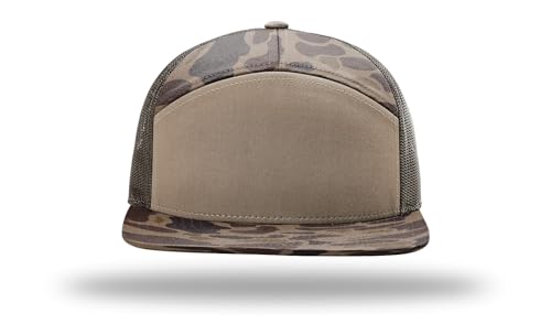 Richardson 168 168P Hat 7-Panel Trucker Cap Hi-Pro Snapback Cap Camo Hat Adjustable Baseball Hat Blank Hat Bulk Hats - color: Bark Duck Camo/Brown