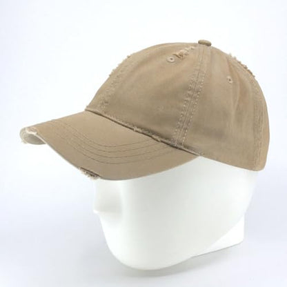 Washed Cotton Distressed with Heavy Stitching Adjustable Baseball Cap - color: Distressed Tea Stained Khaki