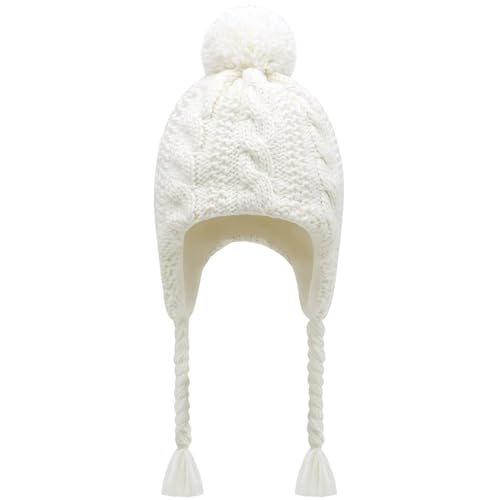 Winter Peruvian Hat Earflap Fleece Lined Girls Knit Beanie 3-10T - color: 1b-white, size: 3-5T