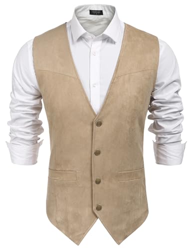 COOFANDY Men's Western Vest Suede Cowboy Vest Casual Slim Fit Waistcoat - color: Beige, size: Medium