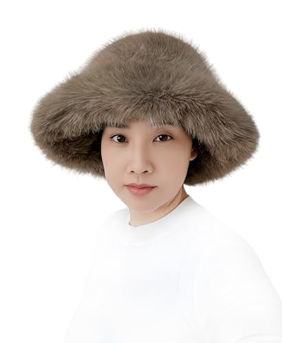 Lina & Lily Oversized Winter Faux Fur Bucket Hat for Women - Long Pile Fur Wide Moldable Brim - color: Khaki