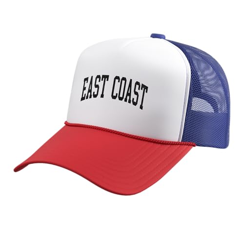East Coast Vintage Style Trucker Hat with Adjustable Mesh Back - color: Red/White/Royal Blue