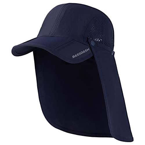 BASSDASH UPF 50+ Fishing Hat, Baseball Cap with Removable Neck Flap - color: Dark Blue With Foldable Brim