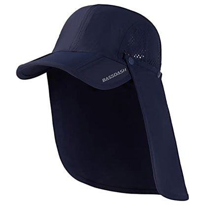 BASSDASH UPF 50+ Fishing Hat, Baseball Cap with Removable Neck Flap - color: Dark Blue With Foldable Brim