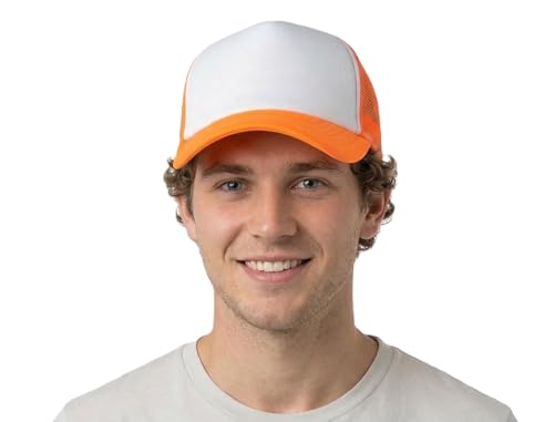 NYFASHION101 Plain Mesh Trucker Hat - Breathable 6-Panel Daily Snapback Cap, Customizable Ideal for DIY Embroidery & Patches - color: Mc Neon Orange/White