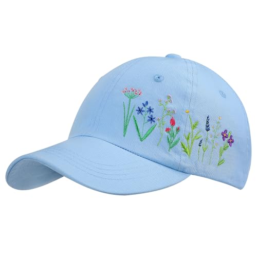 Trendy Handmade Embroidered Baseball Cap for Girls Women, Vintage Wash - style: Floral(blue)