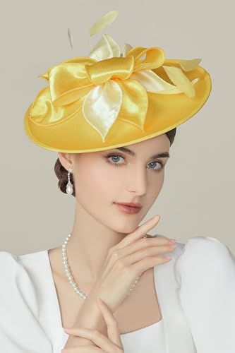 BABEYOND Derby Hats for Women Wide Brim Flower Feather Tea Party Fascinator - color: Yellow