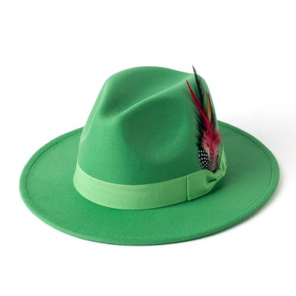 Mens Fedora Hats Wide Brim Felt Panama Hat Dress Hat with Feather - color: A-ci Green