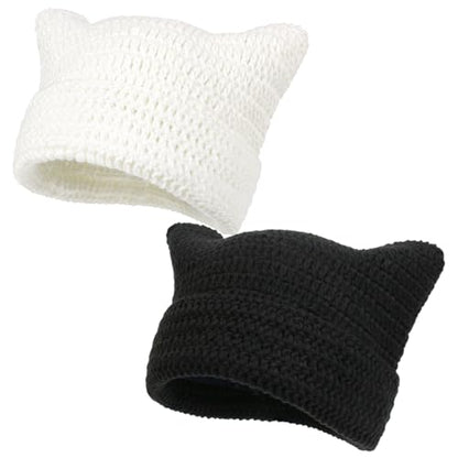 Women Beanie Warm Winter Hats, Soft Knit Lazy Beanie for Women, Women Cat Beanie，Women Fox hat, Slouchy Beanies for Women - color: Black & White