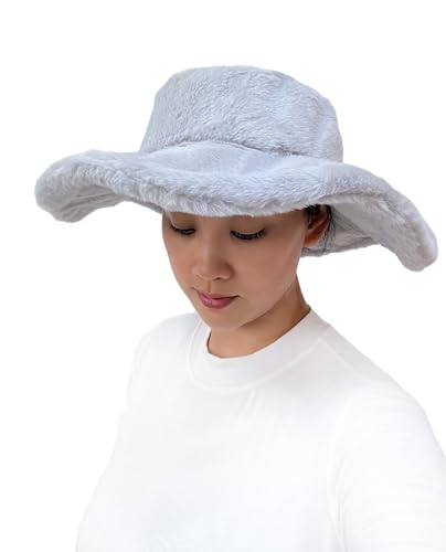 Lina & Lily Oversized Women's Winter Bucket Hat Faux Fur Wide Floppy Brim - color: Light Gray