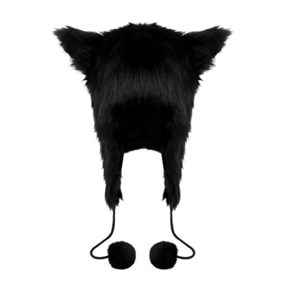 PURFUN Fuzzy Faux Fur Full Hood Trapper Hats with Animal Ear, Adults Halloween Cosplay Roleplay Cat Wolf Ear Hooded Hats - color: Black
