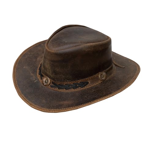 GARGOYLE BELLS Genuine Leather Cowboy Western Hat for Men Woman Studded Steampunk Hat Deadman Top Hat for Halloween Costume - color: Brown-b, size: X-Large