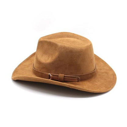 Unisex Western Suede Cowboy Cowgirl Hat Classic Wide Brim Fedora Hat for Men &Women - color: Khaki