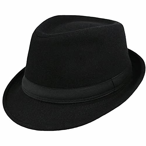 Womens Mens Classic Felt Trilby Hat Short Brim Fedora Hat Black Manhattan Gangster Jazz Hat for Unisex - color: Black With Wide Band