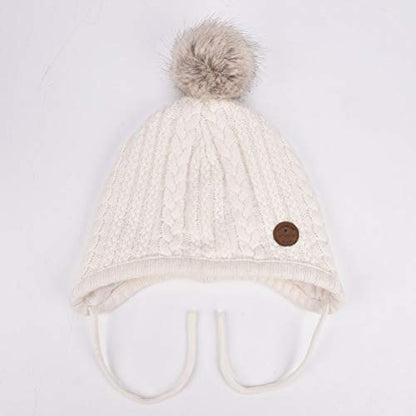 Toddler Baby Boys Girls Winter Hat Kids Ear Flap Warm Fleece Lined Knit Beanie Fur Pom Hat - color: White With Faux Fur Pompom, size: 6-24 Months