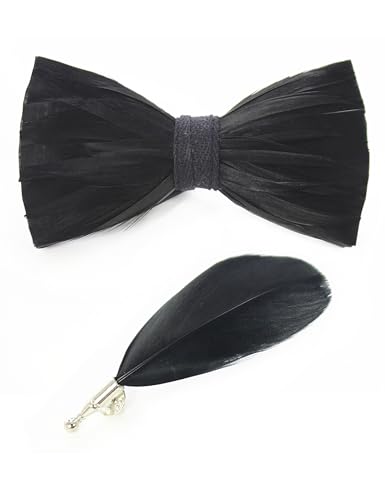 RBOCOTT Handmade Feather Pre-tied Bow tie and Brooch Sets for Men - color: Black