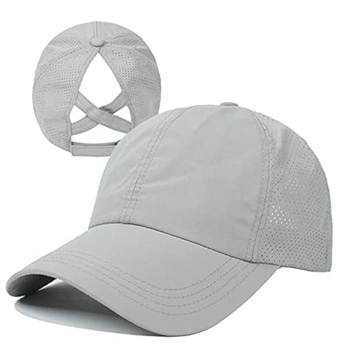 Womens Criss Cross Ponytail Hat Quick Drying Baseball Cap Sun Hats UV Protection Sport Cap - color: Grey