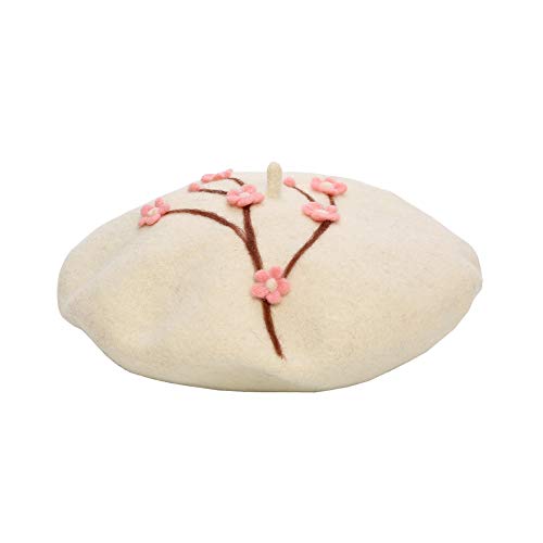 Handmade Wool Beret Hat French Style Needle Felt Flower Beanies Women Winter Autumn Cap - color: White Plum Pink Blossom, size: 7 1/8-7 3/8