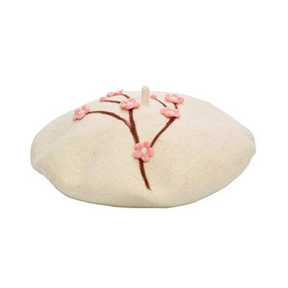 Handmade Wool Beret Hat French Style Needle Felt Flower Beanies Women Winter Autumn Cap - color: White Plum Pink Blossom, size: 7 1/8-7 3/8