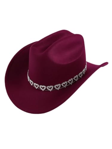 Verdusa Women's Western Cowboy Hat Rhinestone Wide Brim 2026 Cowgirl Hat - color: Burgundy