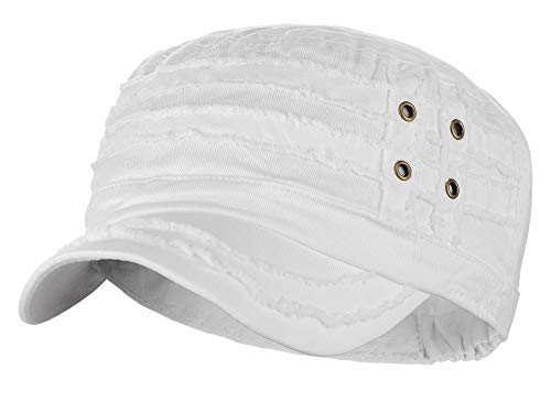 D&Y Unisex 100% Cotton Military Cadet Hat - Distressed Frayed Flat Top Cap - Adjustable Everyday Patrol Hat - color: White