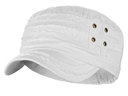 D&Y Unisex 100% Cotton Military Cadet Hat - Distressed Frayed Flat Top Cap - Adjustable Everyday Patrol Hat - color: White