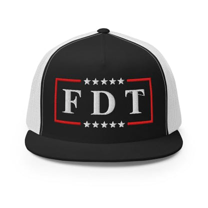 NX FDT Embroidered Flat Bill Trucker Hat High Crown Adjustable FDT Hat - color: Black/ White