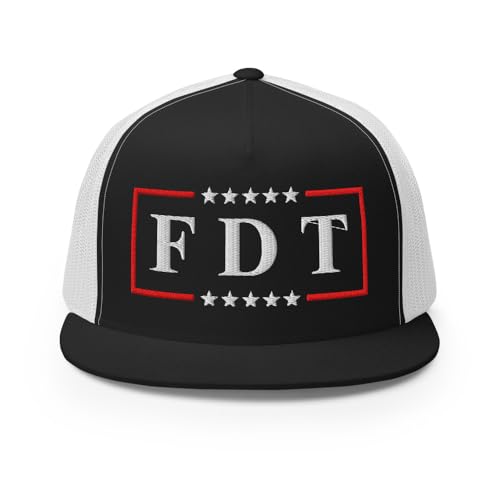 NX FDT Embroidered Flat Bill Trucker Hat High Crown Adjustable FDT Hat - color: Black/ White