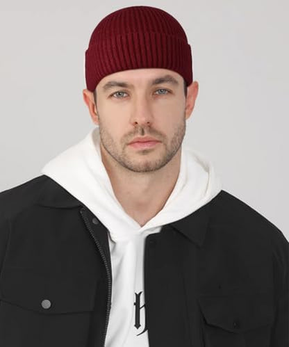 Heniho Wool Fleece Lined Fisherman Beanie for Men, Winter Warm Hats Cuffed Knit Watch Cap Trawler Hat - color: 1pack F- Wine Red