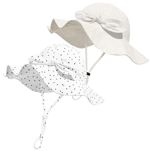 Baby Girl Sun Hat with UPF 50+ Outdoor Adjustable Beach Hat with Wide Brim Bucket Hats - color: Beige-stripe & Black Dots -2pcs, size: 0-6 Months