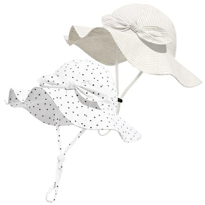 Baby Girl Sun Hat with UPF 50+ Outdoor Adjustable Beach Hat with Wide Brim Bucket Hats - color: Beige-stripe & Black Dots -2pcs, size: 6-12 Months