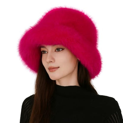 Women's Oversized Faux Fur Bucket Hat, Fluffy Plush Winter Hat, Solid Color - color: Rose Red