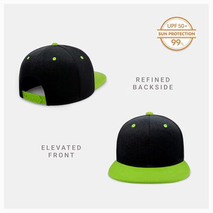 CHOK.LIDS Classic Snapback Flat Bill Hat Blank Adjustable Baseball Cap - color: Black/Lime