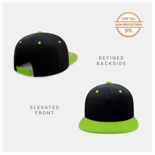 CHOK.LIDS Classic Snapback Flat Bill Hat Blank Adjustable Baseball Cap - color: Black/Lime