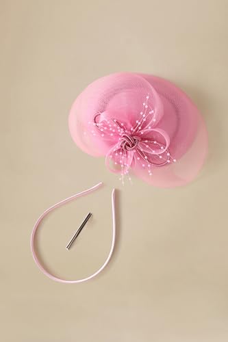BABEYOND Fascinators Hats for Women Tulle Pillbox Knot Bead Tea Party Hat - color: Pink