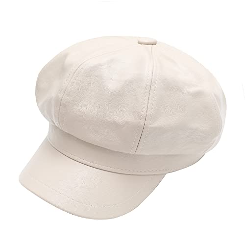 ZLYC Womens PU Leather Newsboy Caps Gatsby Cabbie Hat for Girls - color: Cream White, size: Medium