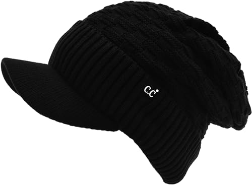 C.C Fuzzy Fleece Lined Warm Oversized Chunky Soft Stretchy Oversized Two Way Ribbed Slouchy Knit Hat with Visor Brim - color: Black