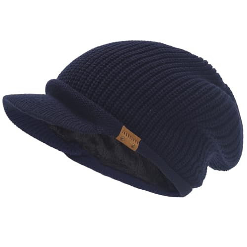 Winter Beanie with Visor - Stylish Knit Hat with Bill - Thick Brimmed Beanies with Fleece Lining Men and Women - color: B326-blue