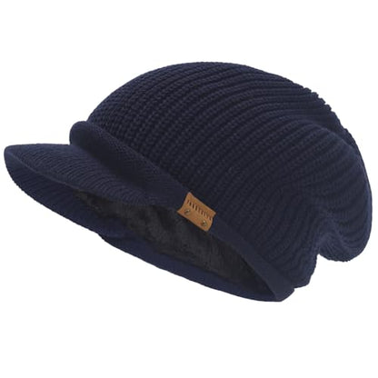 Winter Beanie with Visor - Stylish Knit Hat with Bill - Thick Brimmed Beanies with Fleece Lining Men and Women - color: B326-blue