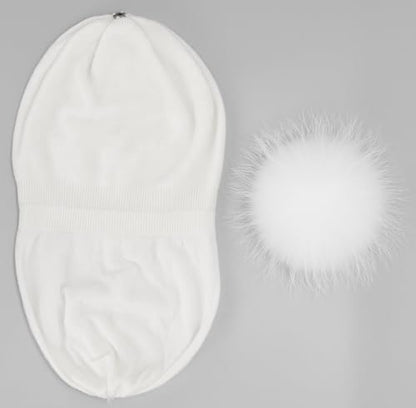 Women's Double Layer Winter Slouchy Knit Beanie Hat with Real Fur Pom Pom - color: White Pom