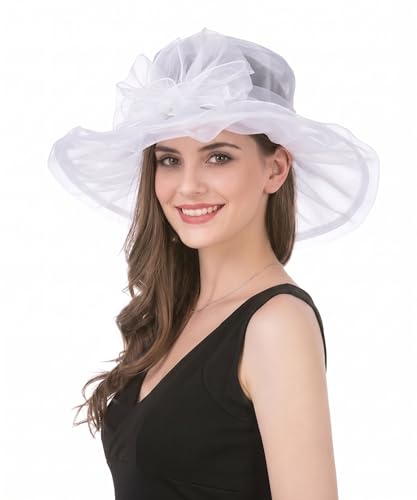 Derby Hats for Women 2026 Women's Elegant Organza Kentucky Fascinator for Church, Tea Party, Weddings Hats - color: Hat1-white